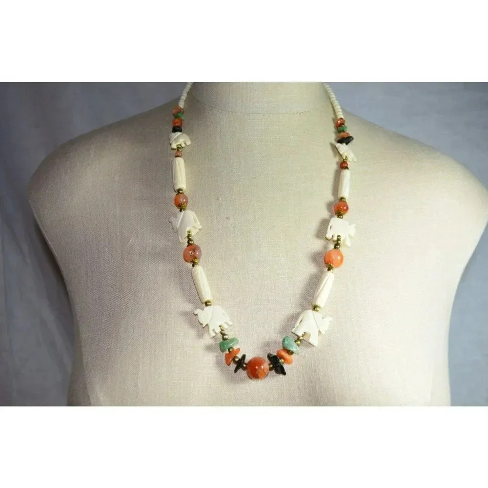 Vintage Mini Carved Bovine Bone Elephant Aquamarine Agate Bead  Necklace